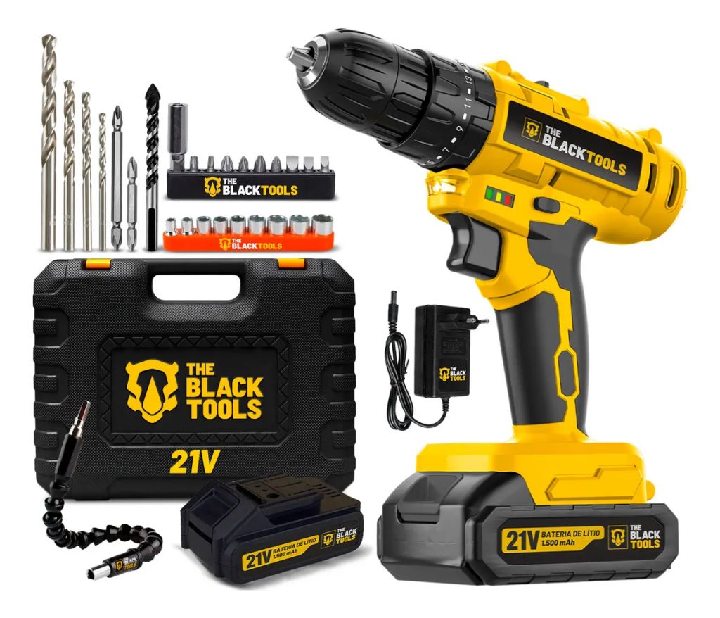 PARAFUSADEIRA FURADEIRA DE IMPACTO A BATERIA 21V 3/8” BIVOLT 1400 RPM COM ACESSÓRIOS E MALETA TB-21PZW THE BLACK TOOLS
