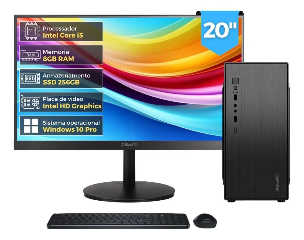 COMPUTADOR COMPLETO TOP INTEL CORE I5 4570, 8GB RAM, SSD 256GB, BIVOLT, MONITOR 20" LED 75HZ, PRETO - BLUEPC CD2E-0110TO